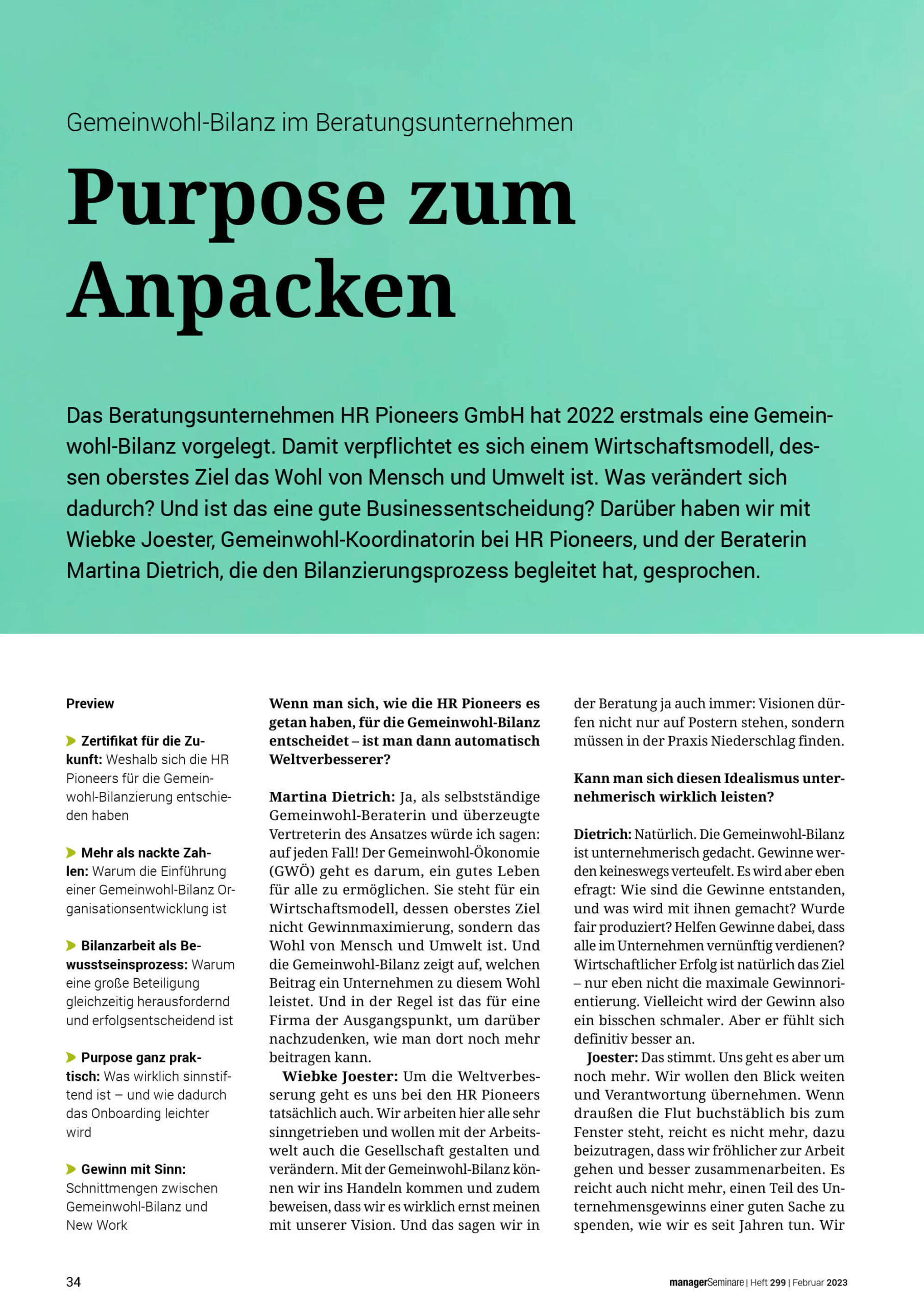 Titel des Artikels „Purpose zum Anpacken” aus dem Magazin Manager Seminare über den Prozess der Gemeinwohl-Bilanzierung der HR Pioneers